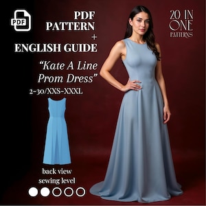 A Line Maxi Dress Pattern PDF, Boat Neck Prom Dress Pattern PDF For Beginners, Long Elegant Dress Pattern, US sizes 2-30