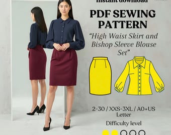 High Waist Pencil Skirt & Bishop Sleeve Blouse PDF Sewing Pattern – Women’s Office Wear, Business Outfit, Digital DIY Set