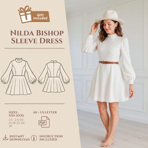 Pode incluir: Um vestido branco de manga com cinto castanho e chapéu a condizer. O vestido tem um decote alto e uma saia plissada. A imagem também inclui um padrão para o vestido, com o texto "Nilda Bishop Sleeve Dress". Tamanhos de XXS-XXXL.