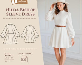 Mini Dress Long Sleeve Pattern, Formal Collared Dress Pattern, Bishop Sleeve Dress PDF Sewing Pattern,  XXS - 3XL Pattern