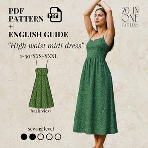 High Waisted Midi Dress, Summer Midi Dress Pattern, Thin Straps Midi Dress Pattern, Easy Dress For Women, Beginner Friendly Dress PDF