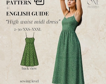 High Waisted Midi Dress, Summer Midi Dress Pattern, Thin Straps Midi Dress Pattern, Easy Dress For Women, Beginner Friendly Dress PDF