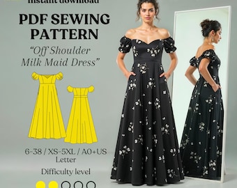 Milkmaid Dress Sewing Pattern PDF: Cottagecore Maxi Dress (XS-5XL, A0 + US Letter)