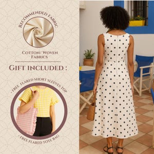 May include: A cream-coloured dress with black polka dots. The dress has a fitted bodice and a flared skirt, and is worn with sandals and a woven handbag. The image also includes text that says "RECOMMENDED FABRIC" and "GIFT INCLUDED".