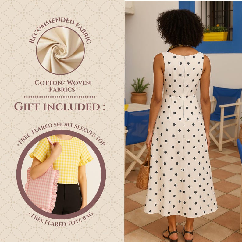 May include: A cream-coloured dress with black polka dots. The dress has a fitted bodice and a flared skirt, and is worn with sandals and a woven handbag. The image also includes text that says "RECOMMENDED FABRIC" and "GIFT INCLUDED".