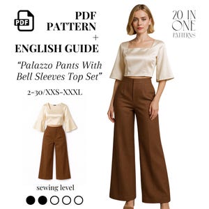 Wide Leg Pants & Bell Sleeves Top Set – PDF Sewing Pattern, High Waist Trousers And Cropped Blouse, Sizes 2-30 or XXS-XXXL
