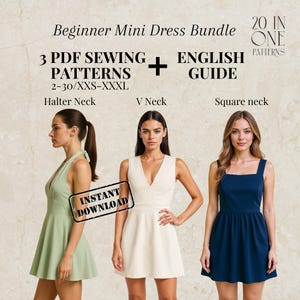 Mini Dress PDF Sewing Pattern Bundle: Halter, V-Neck, Square Neck (Sizes 2-30 / XXS-XXXL)