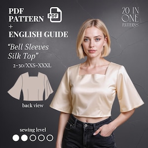 Elegant Bell Sleeve Silk Top – PDF Sewing Pattern with English Guide – Square Neck Blouse – Sizes 2-30 (XXS-XXXL) – Beginner Friendly