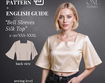 Elegant Bell Sleeve Silk Top – PDF Sewing Pattern with English Guide – Square Neck Blouse – Sizes 2-30 (XXS-XXXL) – Beginner Friendly