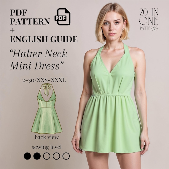 Halter Neck Mini Dress Sewing Pattern PDF, Flared Mini Dress Pattern, Flared  Skirt Dress PDF, V Neck Mini Dress for Summer, Beach Mini Dress - Etsy