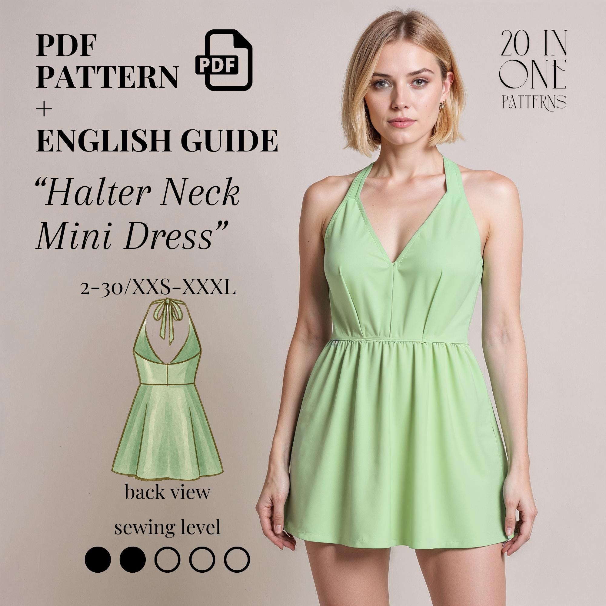 Halter Neck Mini Dress Sewing Pattern PDF: Flared Skirt, V-Neck (XXS-3XL)