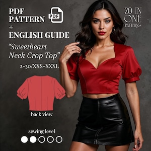 Sweetheart Neck Top Pattern | PDF Sewing Pattern for Women | Peplum Silk Blouse | Deep Sweetheart Neckline | Puff Sleeve | Sizes XXS–3XL
