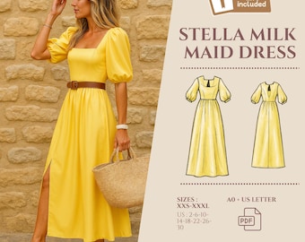 Milkmaid Midi Dress Sewing Pattern: Cottagecore Puffy Sleeves (PDF Pattern)