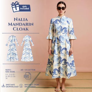 May include: A cream-colored Mandarin cloak with a blue dragon pattern is displayed. The dress has a mandarin collar, three-quarter sleeves with ruffled cuffs, and a flared skirt. The image includes the text "NALIA MANDARIN CLOAK" and size information.