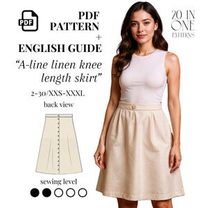 A Line Linen Skirt Pattern PDF, High Waist Skirt Pattern, Knee Length Skirt Pattern PDF, Sizes US 2-30, Beginner Friendly Skirt Pattern