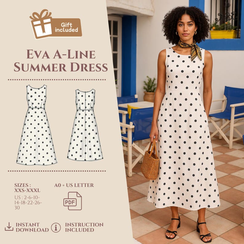 May include: A woman in a white summer dress with black polka dots, carrying a woven handbag. The dress pattern is displayed, with the text "EVA A-LINE SUMMER DRESS". The image includes the text "Gift included", "Instant Download", and "Instruction Included".
