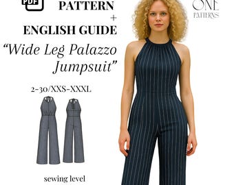 Halter Neck Palazzo Jumpsuit Sewing Pattern PDF: Women's Sizes 2-30