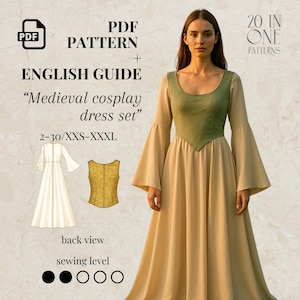 Renaissance Medieval Cosplay Dress and Corset Pattern, Fairy Cottagecore Dress, Maxi Dress, Plus Size Cosplay , A0 US Letter-US 2 to 30