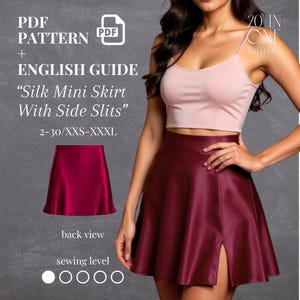 Silk Mini Skirt with Side Slits, PDF Sewing Pattern for Beginners, Flared A-Line Mini Skirt, pdf Digital Pattern, US 2–30 (XXS–3XL)