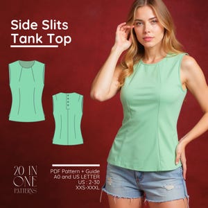 May include: A sleeveless, light green tank top with side slits, worn by a person. The image includes a diagram of the tank top design and the text "Side Slits Tank Top". The text "20 IN ONE PATTERNS" is also visible.
