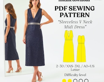 May include: A woman models a navy blue sleeveless V-neck midi dress with a silver belt. The image includes a PDF sewing pattern for the dress, with text that reads "Instant download PDF Sewing Pattern Sleeveless V Neck Midi Dress".