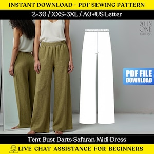 Puede incluir: Un pantalón de pierna ancha verde oliva se muestra en una modelo, con un patrón a juego a la derecha. La imagen incluye el texto "DESCARGA INSTANTÁNEA - PATRÓN DE COSTURA PDF" y "Tent Bust Darts Safaran Midi Dress". También es visible un botón "PDF FILE DOWNLOAD".