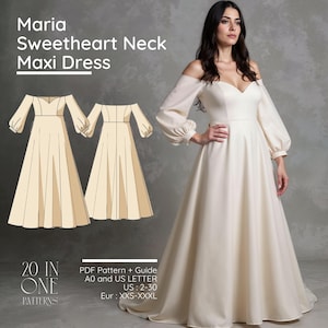 Sweetheart Neck With Puff Sleeve Maxi Dress Sewing Pattern PDF, Elegant LonG Wedding Dress Pattern, DIY Maxi Dress With Detailed Guide PDF.