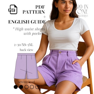 Patrón de costura para pantalones cortos de cintura alta (PDF): Tallas de mujer XS-5XL (Incluye patrones adicionales)