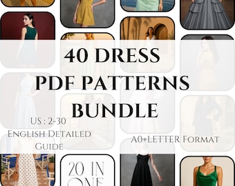 Lot de 40 patrons de couture de robes : coupe trapèze, slip, maxi, midi (téléchargement PDF) US 2-30