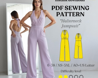 Halterneck Wide Leg Jumpsuit Sewing Pattern PDF: XS-5XL (US Letter & A0 Included