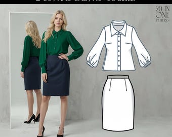 Blouse & Pencil Skirt Sewing Pattern PDF – Classic Women’s Work Outfit, Digital Office Wear, Beginner Friendly