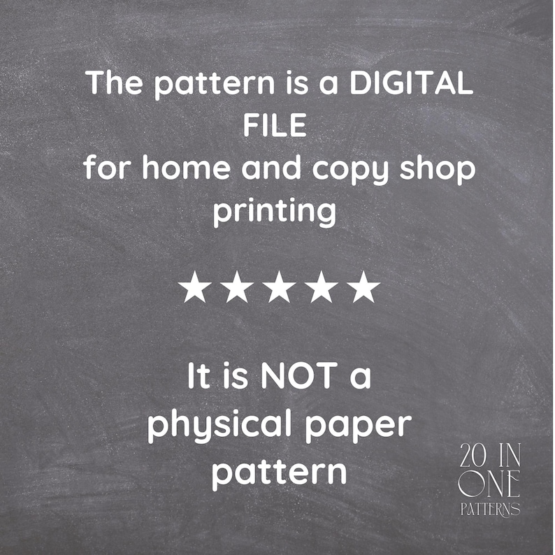 K&ouml;nnte beinhalten: Bild mit Text: "Das Muster ist eine DIGITAL DATEI f&uuml;r den Heim- und Copy-Shop-Druck. Es ist KEIN physisches Papiermuster." F&uuml;nf wei&szlig;e Sterne werden angezeigt. Das Logo "20 IN ONE PATTERNS" befindet sich in der unteren rechten Ecke.