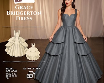 Bridgerton Style Gown Dress Sewing Pattern: Three Tier, XXS-3XL (PDF Pattern)