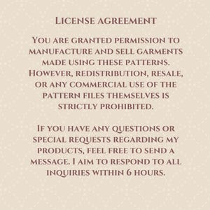 May include: A beige background with a license agreement in dark brown text. It grants permission to manufacture and sell garments using the patterns, but prohibits redistribution or commercial use of the pattern files. Contact for questions.