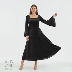 Puede incluir: Un vestido largo negro con escote cuadrado y mangas acampanadas. El vestido tiene un brillo sutil y una falda fluida. El texto "20 IN ONE PATTERNS" está impreso en blanco en la parte inferior izquierda.