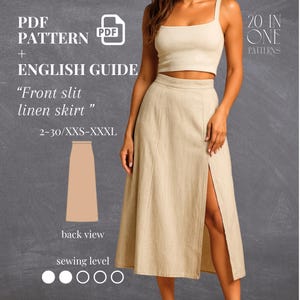 Puede incluir: Una falda de lino beige con abertura frontal, combinada con un top corto a juego. La imagen incluye texto que indica un patrón PDF y una guía en inglés para la falda, con tallas que van de la 2 a la XXXL. El nivel de costura se indica mediante una serie de círculos blancos y negros.