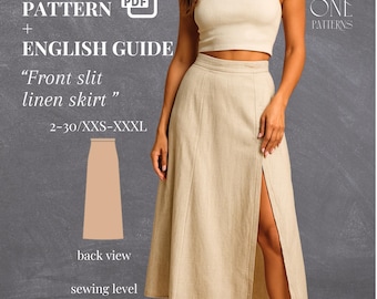 Patrón de costura en PDF para falda midi con abertura delantera - Patrón de falda de lino en forma de A - Descarga digital para principiantes - Vestido de lino bohemio (tallas 2 a 30)