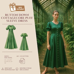 Button Down Dress Sewing Pattern, Cottagecore Dress Sewing Pattern, Puff Sleeve Dress Pattern, Flared Button Front  Dress Sewing Pattern