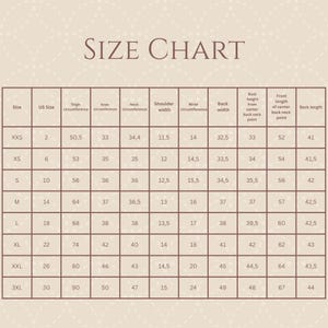 May include: A clothing size chart detailing measurements such as thigh, knee, and neck circumferences, shoulder width, and back length. Measurements are in centimetres. The chart includes US sizes and is in a neutral color scheme.