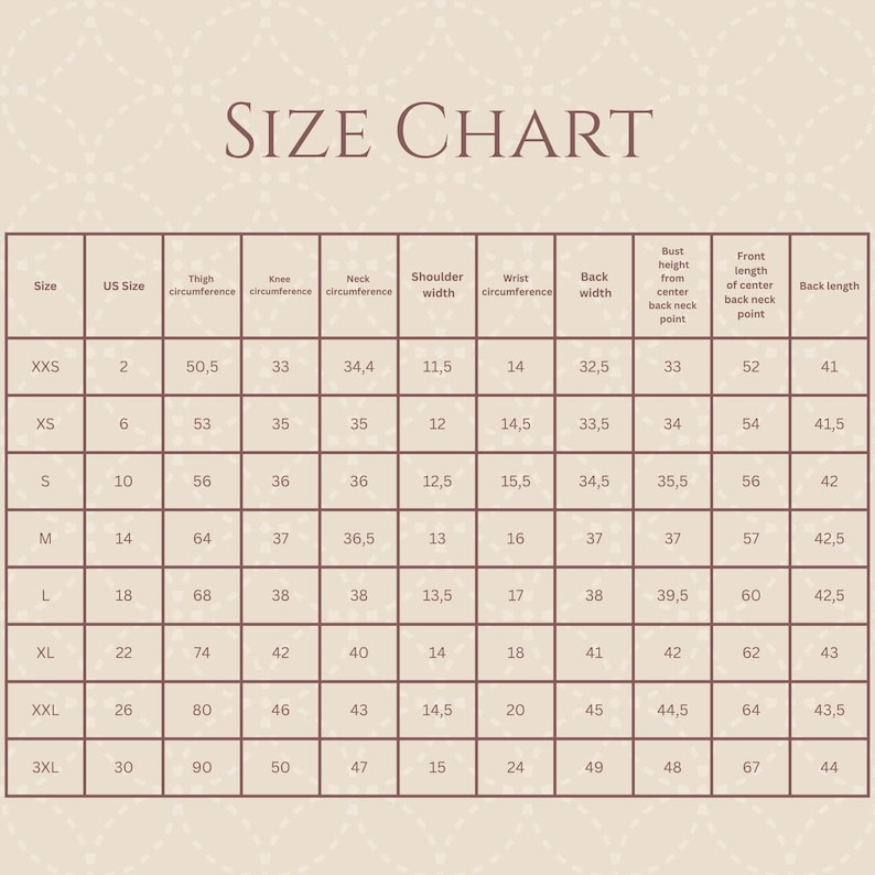 May include: A clothing size chart detailing measurements such as thigh, knee, and neck circumferences, shoulder width, and back length. Measurements are in centimetres. The chart includes US sizes and is in a neutral color scheme.