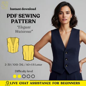 May include: Navy blue waistcoat with three buttons, shown on a model. The image includes a PDF sewing pattern with the text "Elegant Waistcoat", difficulty level, and size range. The pattern is available for instant download.