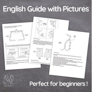K&ouml;nnte beinhalten: Drei wei&szlig;e Seiten mit N&auml;hanleitungen und Diagrammen, betitelt mit "English Guide with Pictures". Die Seiten zeigen Illustrationen von N&auml;htechniken und den Text "20 IN ONE PATTERNS" und "Perfect for beginners!"