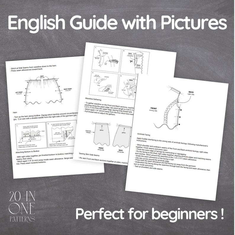 K&ouml;nnte beinhalten: Drei wei&szlig;e Seiten mit N&auml;hanleitungen und Diagrammen, betitelt mit "English Guide with Pictures". Die Seiten zeigen Illustrationen von N&auml;htechniken und den Text "20 IN ONE PATTERNS" und "Perfect for beginners!"
