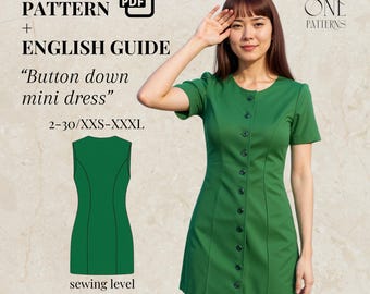 Button Down Mini Dress Pattern PDF: Easy Sleeveless Sewing Pattern (US 2-30, XXS-3XL)