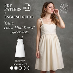 Strap Linen Midi Dress Pattern PDF, High Waist Midi Dress Sewing Pattern For Beginners, Gathered Waist Summer Linen Dress Pattern, US 2-30