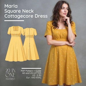 Square Neck Cottage Core Mini Dress Sewing Patterd PDF, Milkmaid Mini Dress, High Waisted Short Dress Pattern, Easy Summer Dress, US 2-30