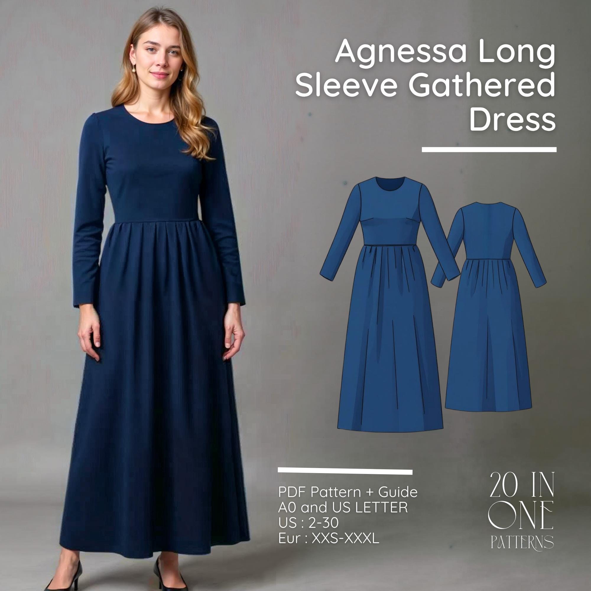 Long Sleeve Maxi Dress Sewing Pattern PDF: High Waisted, Gathered Waist  (size 2-30) - Etsy