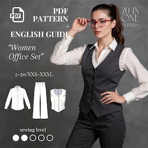 Peut inclure: Image d'une femme portant un tailleur gris, une chemise blanche et des lunettes rouges. L'image présente un patron PDF avec un guide en anglais pour un "Ensemble de bureau pour femmes", tailles 2-30/XXS-XXXL. Le niveau de couture est indiqué par des points.