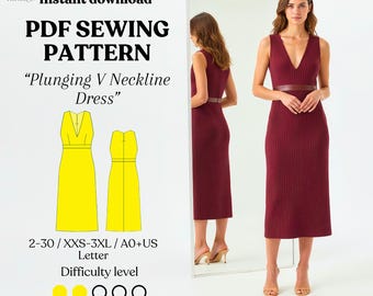 Patron de couture PDF pour robe midi à col en V profond avec instructions (taille US 2-30 / XXS-3XL)
