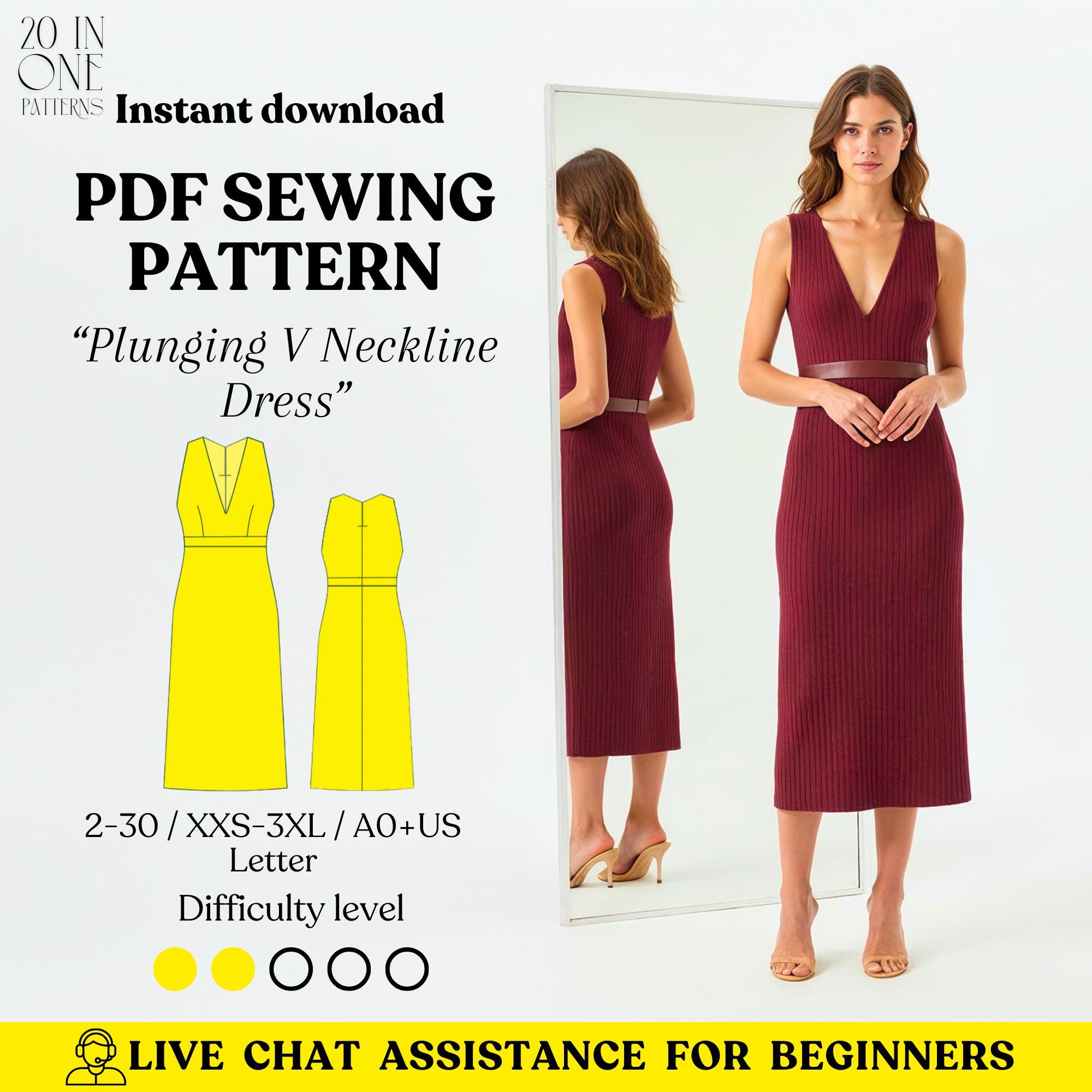Deep V Neck Midi Dress Sewing Pattern PDF With Instructions (US Size 2-30 /  XXS-3XL) - Etsy